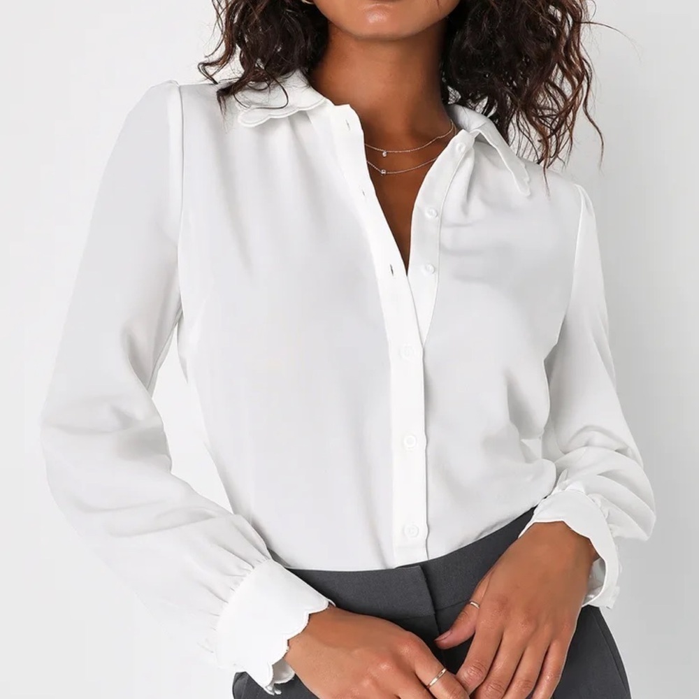 Lulus Classic Charisma Ivory Collared Long Sleeve Button Down Top XS